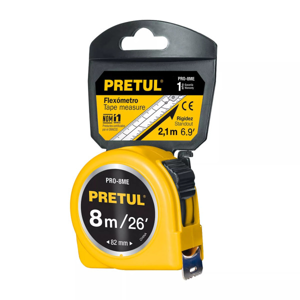 Flexómetro Amarillo 8 M Cinta 25 Mm, En Tarjeta, Pretul | Flexómetros / Cintas Metricas Ferreterias Ferretodo