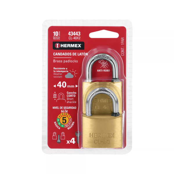 ‣ Blíster 2 candados latón 40mm gancho corto | Hermex