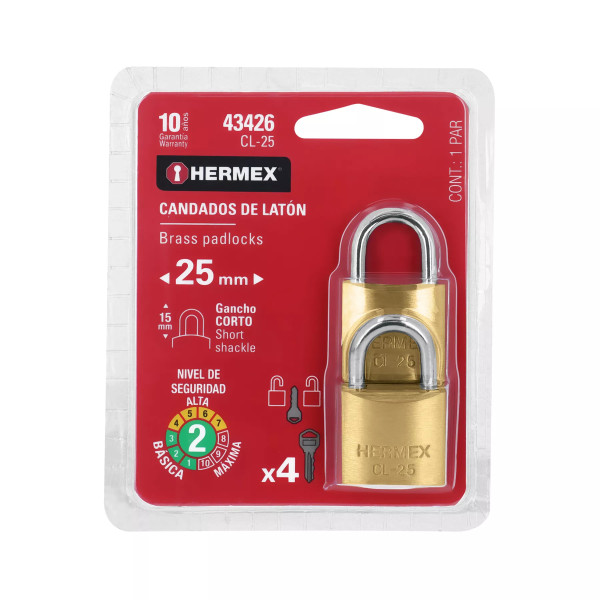 ‣ Blíster 2 candados latón 25mm gancho corto | Hermex