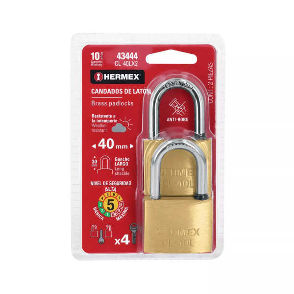 ‣ Blíster 2 candados latón 40mm gancho largo | Hermex