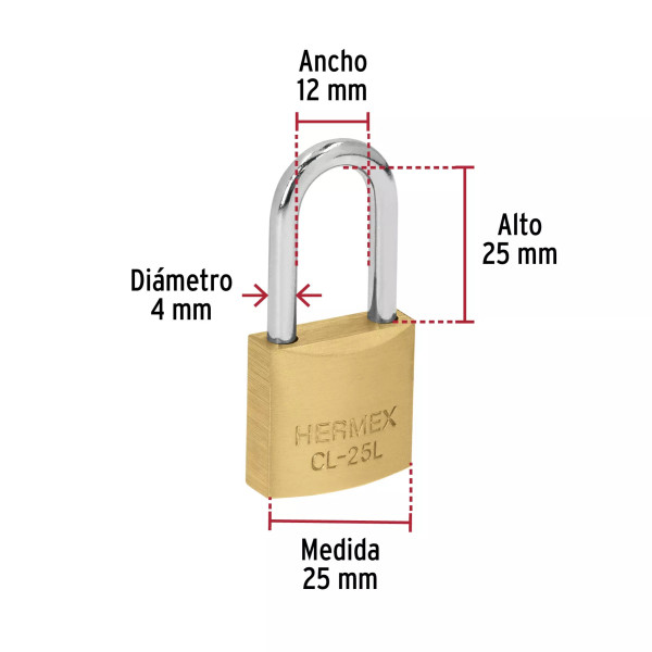 ‣ Blíster 2 candados latón 25mm gancho largo | Hermex