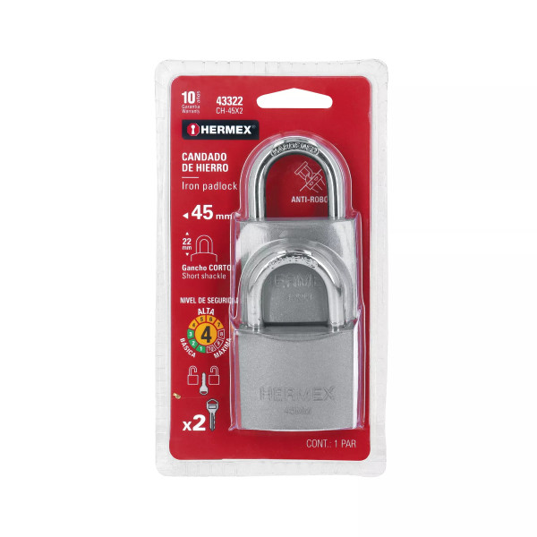 ‣ Blíster 2 candados hierro 45mm gancho corto | Hermex