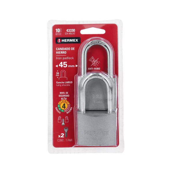 ‣ Blíster 2 candados hierro 45mm gancho largo | Hermex
