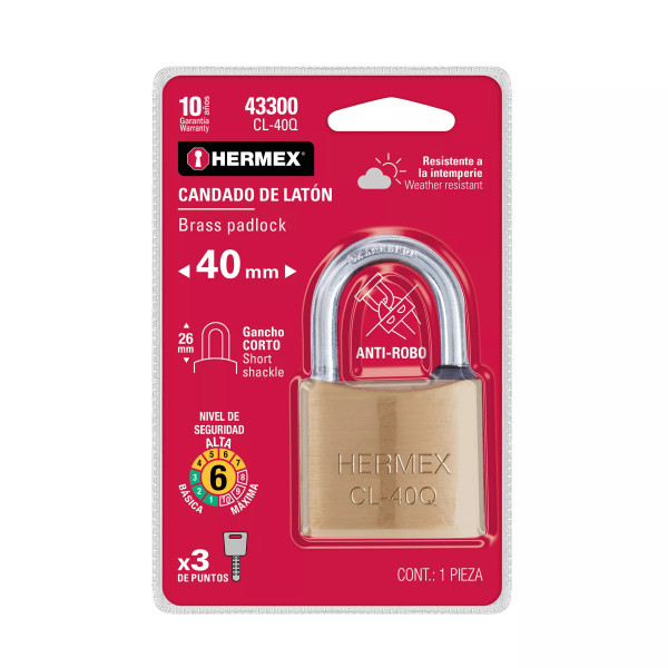‣ Candado de latón 40mm gancho corto llave puntos | Hermex