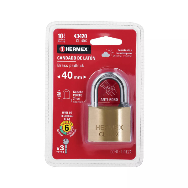 ‣ Candado de latón 40mm gancho corto, llave tetra | Hermex