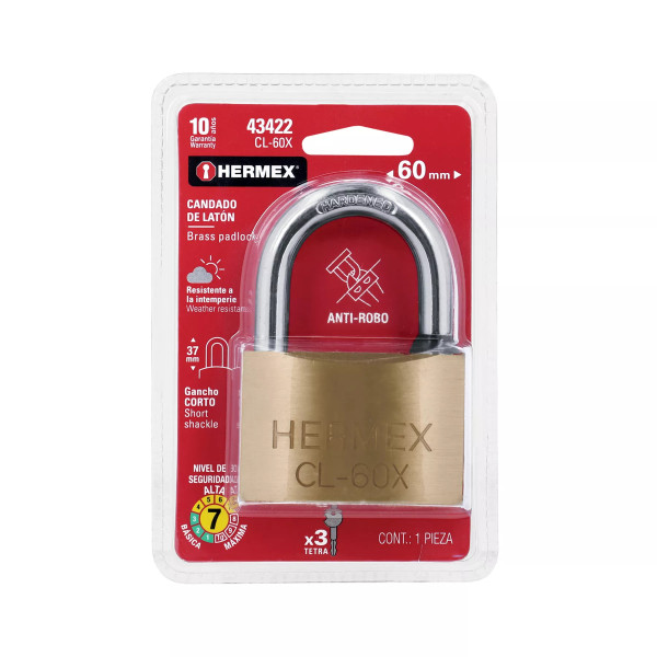 ‣ Candado de latón 60mm gancho corto llave tetra | Hermex