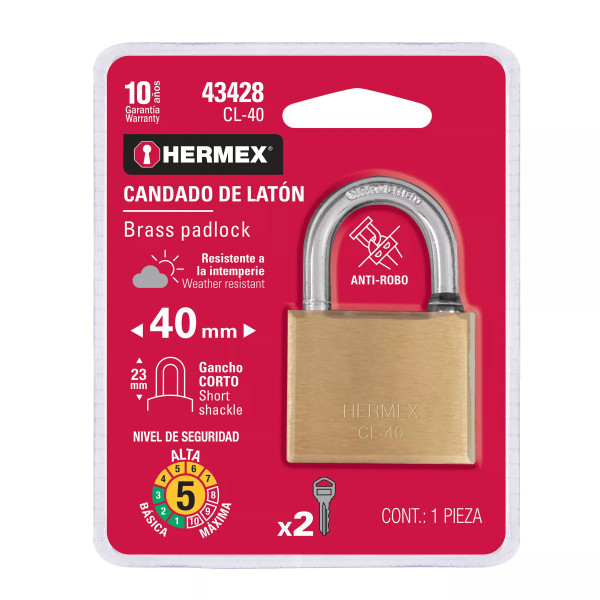 ‣ Candado latón 40 mm gancho corto en blíster | Hermex