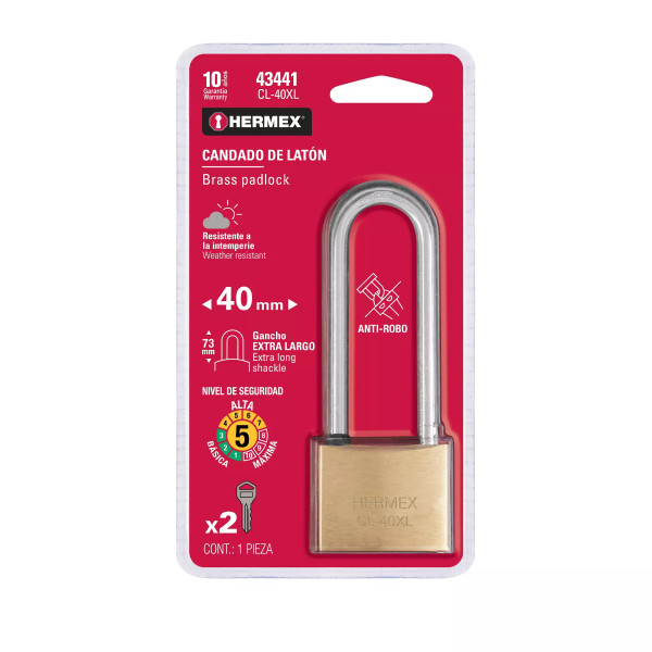 ‣ Candado latón 40 mm gancho extra largo blíster | Hermex