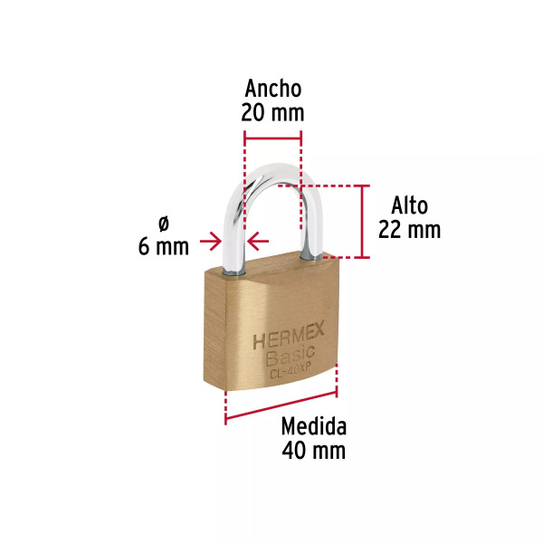 ‣ Candado latón 40 mm llave tetra blíster | Hermex Basic