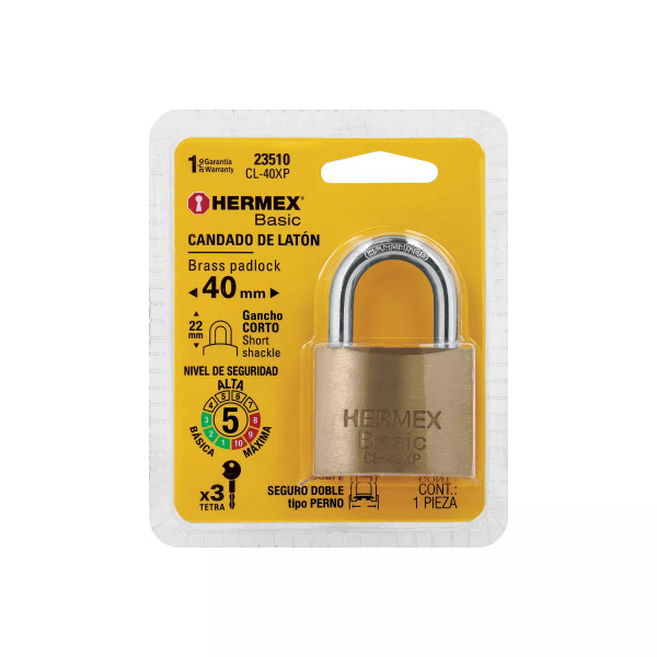 ‣ Candado latón 40 mm llave tetra blíster | Hermex Basic