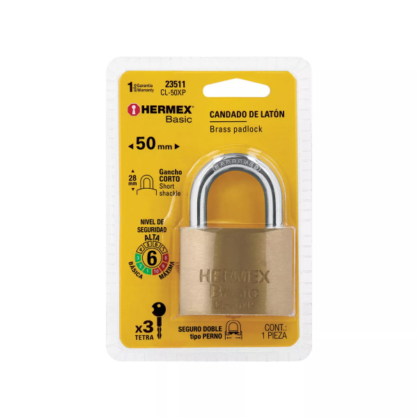 ‣ Candado de latón 50 mm llave tetra en blíster... | Hermex Basic