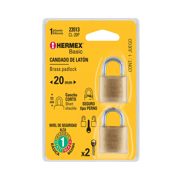 ‣ Blíster 2 candados latón 20mm | Hermex Basic