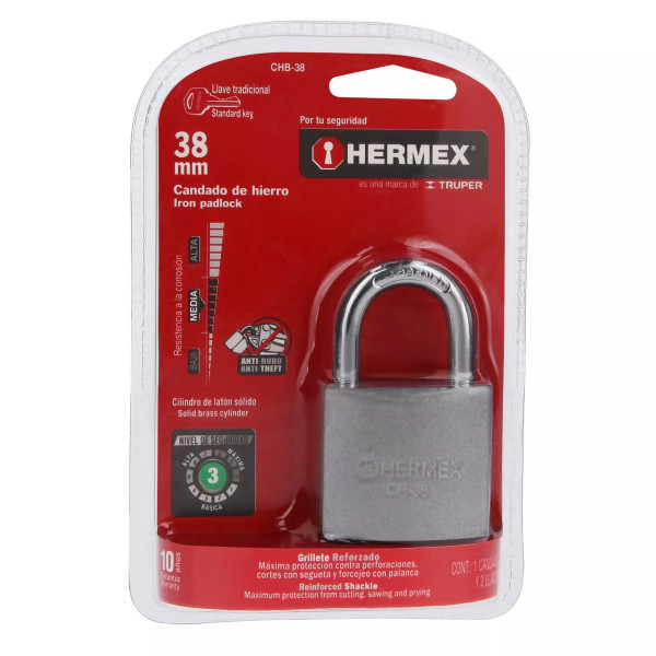 ‣ Candado de hierro 38 mm gancho corto en blíster... | Hermex