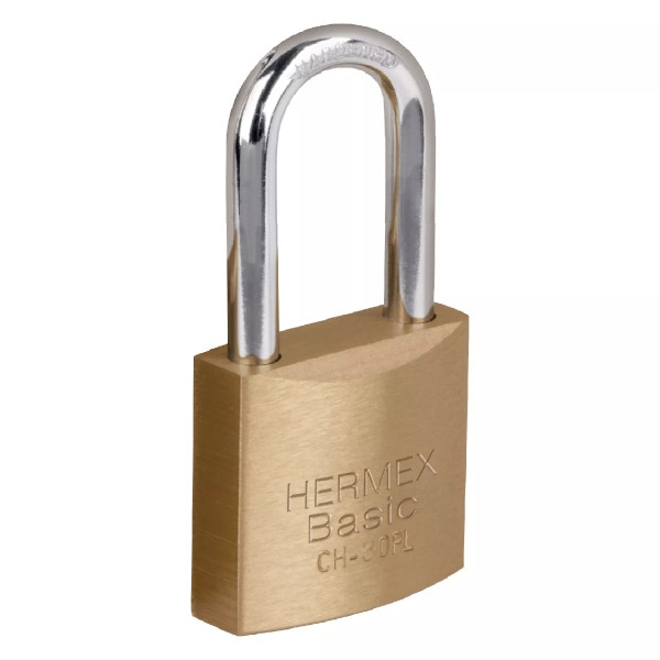 ‣ Candado de hierro latón 30 mm, largo, blíster | Hermex Basic