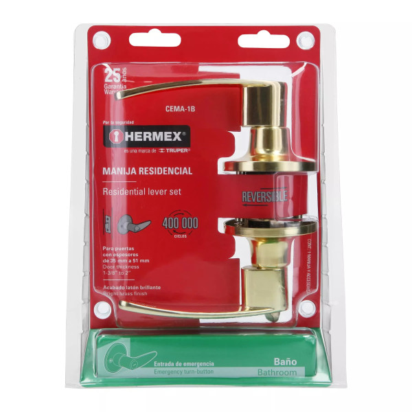 ‣ Cerradura manija "Turín" p/baño láton brillante | Hermex