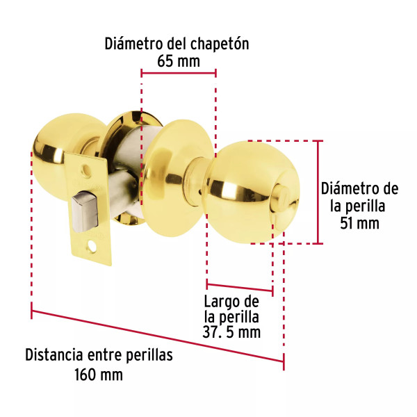 ‣ Cerradura esfera cilíndrica baño brillante | Hermex Basic