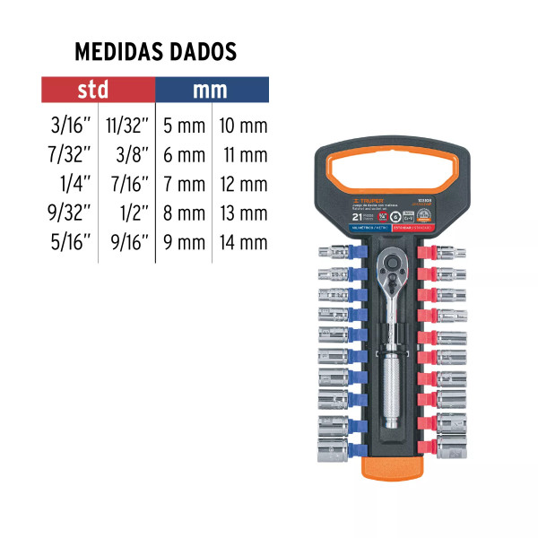 ‣ Juego de dados mm y std con matraca 1/4" | Truper