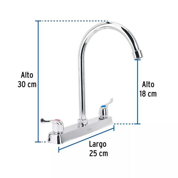 ‣ Mezcladora 8" fregadero cromo, cuello curvo | Foset