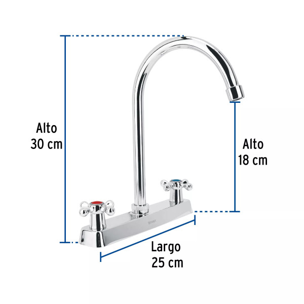 ‣ Mezcladora 8" fregadero cromo, cuello curvo | Foset