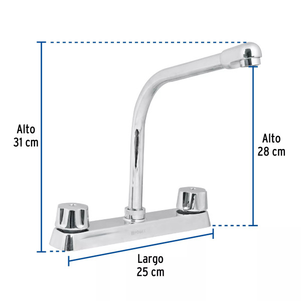 ‣ Mezcladora 8" fregadero cromo, cuello cobra | Foset