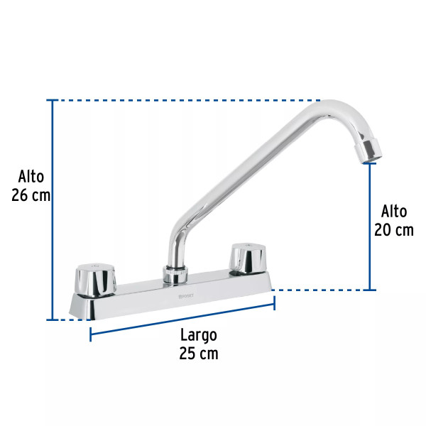 ‣ Mezcladora 8" fregadero cromo, cuello largo | Foset