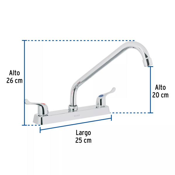‣ Mezcladora 8" fregadero cromo, cuello largo | Foset