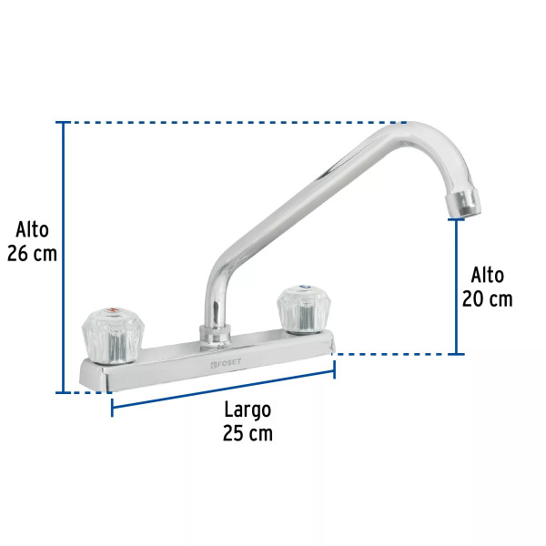 ‣ Mezcladora 8" fregadero cromo, cuello largo | Foset