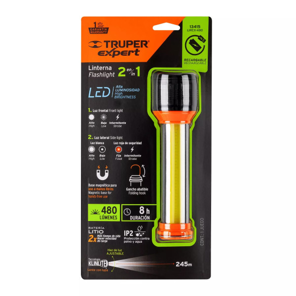 ‣ Linterna recargable 480lm con luz emergencia | Truper Expert