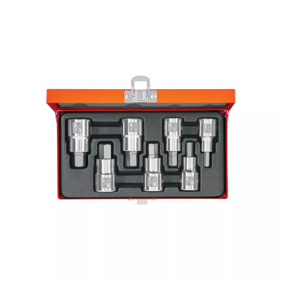 Juego de 7 dados cuadro 1/2" punta hex std, estuche metálico