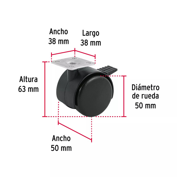 Rodaja tipo yoyo de 50 mm con placa, con freno, FIERO