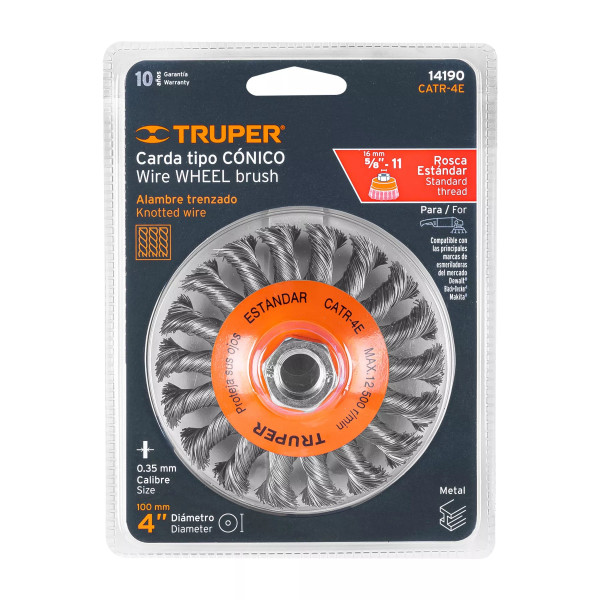 Carda tipo cónico 4" alambre trenzado, eje 5/8"-11, Truper