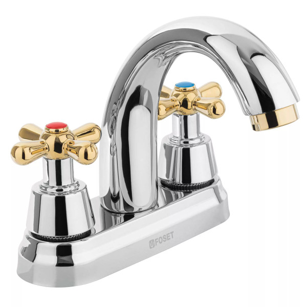 Mezcladora lavabo 4" cromo-oro, nariz curva, cruceta, AQUA