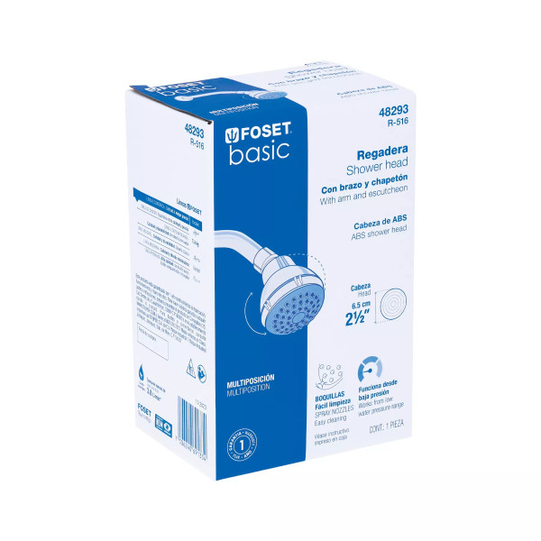Regadera plástica redonda 2-1/2" grisblanca, FOSET BASIC