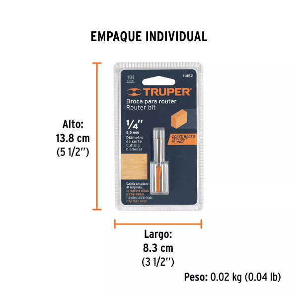 Broca para router, recta 2 filos, 1/4", mediana, Truper