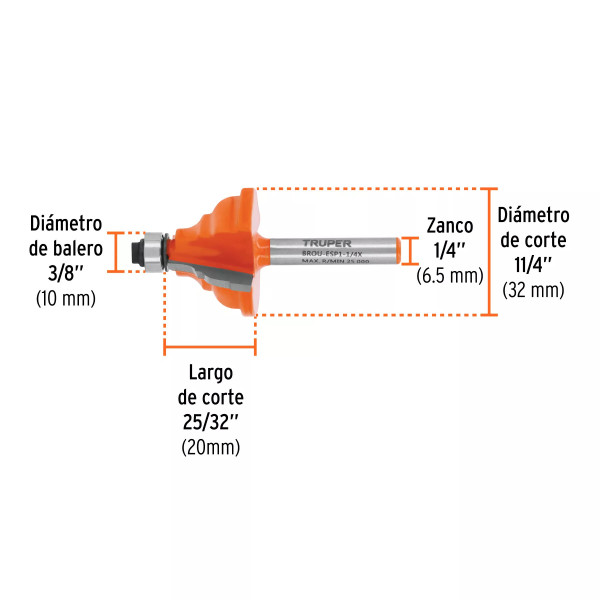 Broca para router, española, 1-1/4", con balero, Truper