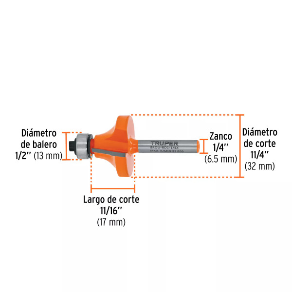 Broca para router, redondeado, 1-1/4" con balero, Truper