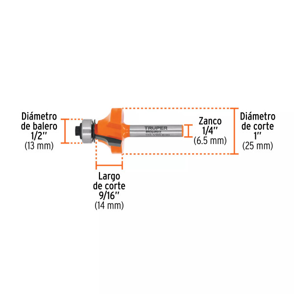 Broca para router, redondeado, 1" con balero, Truper
