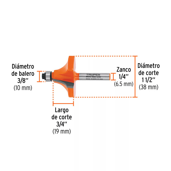 Broca para router, redondeado con moldura, 1-1/2" con balero