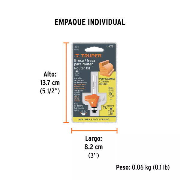 Broca para router, redondeado con moldura, 1-1/4" con balero