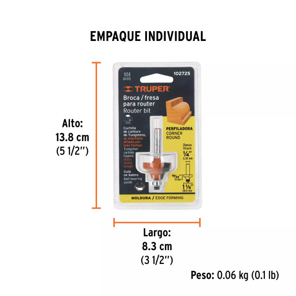Broca para router, redondeado con moldura, 1-1/8" con balero