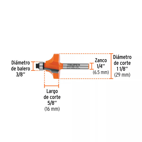 Broca para router, redondeado con moldura, 1-1/8" con balero