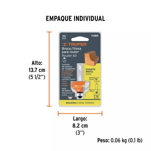 Broca para router, bocel cuarto, 1-1/8" con balero, Truper
