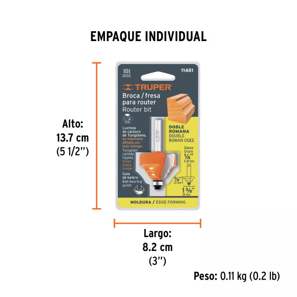 Broca para router, doble romana, 1-3/8" con balero, Truper