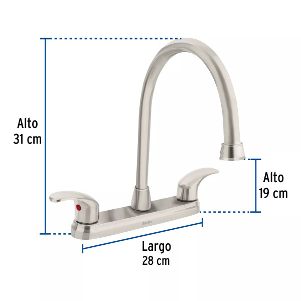 Mezcladora fregadero 8" satín, cuello largo, palanca, AQUA