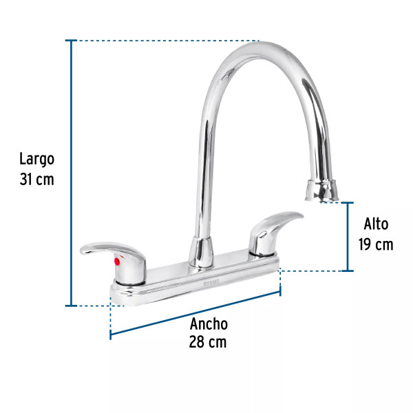 Mezcladora fregadero 8" cromo, cuello largo, palanca, AQUA