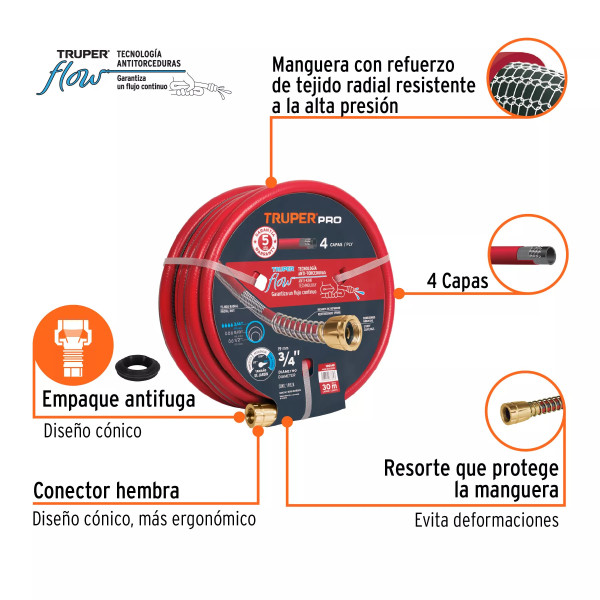 Manguera 3/4" super reforzada 4 capas 30m conexiones metal