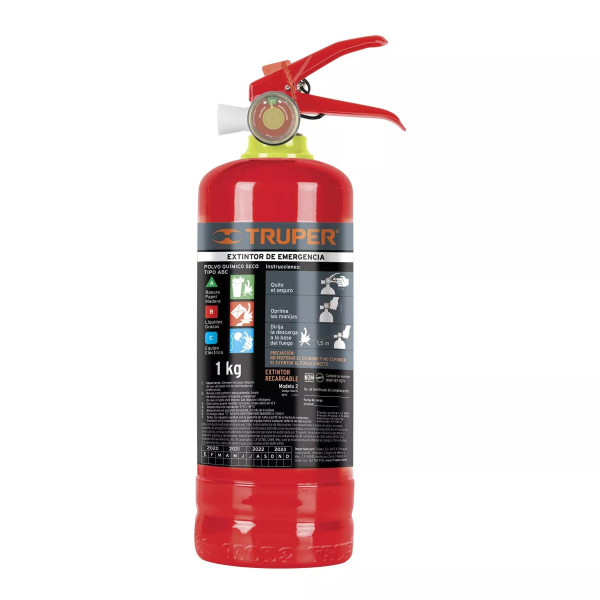 Extintor portátil recargable 1 kg, polvo tipo ABC, Truper
