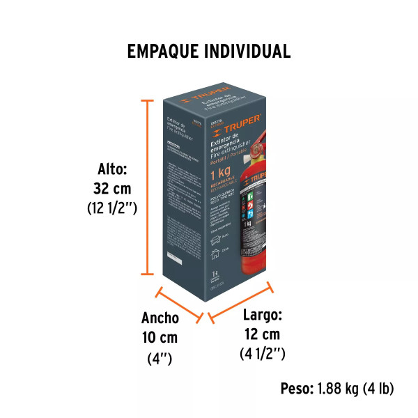 Extintor portátil recargable 1 kg, polvo tipo ABC, Truper