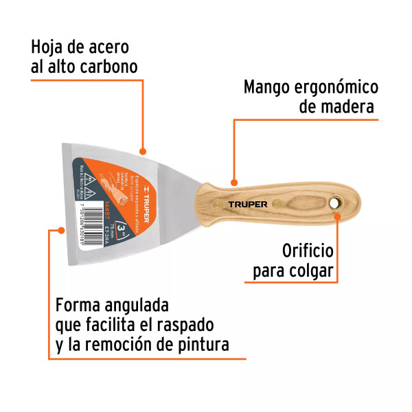 Espátula Afilada Y Angulada 3' Con Mango De Madera, Truper | Espátulas y Similares