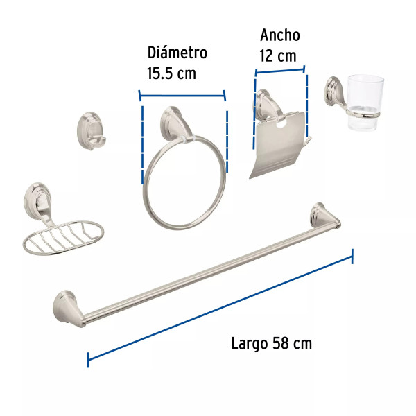 Juego de 6 accesorios p/baño satín chapetón ovalado, AQUA